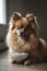 Curious Pomeranians spitz dog looking at the camera in home. Adorable pet. Waiting for the over. Dog food. Love for