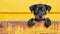 Curious puppy with paws up peeking over yellow wooden background, copy space for text.