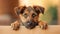 Curious puppy with paws up peeks over beige wooden background, copy space available