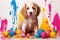 A curious puppy sits among paint-splattered Easter eggs, creating a fun and messy holiday scene