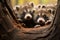 Curious raccoon kids peering out of a tree hole exploring the world around them with playful enthusiasm, baby animals in the wild