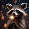 A curious raccoon lighting a sparkler in front of a backdrop of fireworks4