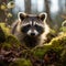 Curious Raccoon Peeking from Mossy Tree Trunk in Serene Forest