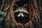 A curious raccoon peeking out of a tree hollow Generative AI