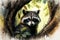 A curious raccoon peeking out of a tree, with a watercolor background featuring shades Generative AI