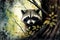 A curious raccoon peeking out of a tree, with a watercolor background featuring shades Generative AI