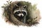 A curious raccoon peeking out of a tree, with a watercolor background featuring shades Generative AI