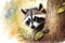 A curious raccoon peeking out of a tree, with a watercolor background featuring shades Generative AI