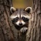 A curious raccoon peering out from behind a tree trunk