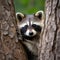 A curious raccoon peering out from behind a tree trunk