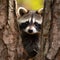 A curious raccoon peering out from behind a tree trunk