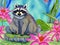 A curious raccoon sits on a floating lily pad. Cartoon. Watercolor drawing.