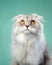Curious Scottish Fold cat with a serene gaze, mint background