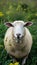 Curious sheep gazing directly at the camera amidst lush field