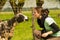 Curious sheep and a young girl