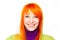 Curious smiling red hair woman