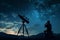 Curious solitary astronomer gazing up at the night sky through a telescope. Generative AI