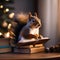 A curious squirrel in a Christmas bowtie, investigating a stack of holiday books1