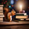 A curious squirrel in a Christmas bowtie, investigating a stack of holiday books2