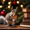 A curious squirrel in a Christmas bowtie, investigating a stack of holiday books4