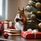 A curious squirrel in a Christmas bowtie, investigating a stack of holiday books5