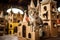 Curious tabby cat playing hide and seek in cardboard castle. Kitty sitting in cardboard box. Favorite cat\\\'s toy