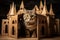 Curious tabby cat playing hide and seek in cardboard castle. Kitty sitting in cardboard box. Favorite cat\\\'s toy