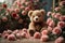 A curious teddy bear, its fluffy fur ruffled from its previous adventures, eagerly attempting to climb a bouquet of delicate roses