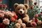 A curious teddy bear, its fluffy fur ruffled from its previous adventures, eagerly attempting to climb a bouquet of delicate roses