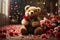 A curious teddy bear, its fluffy fur ruffled from its previous adventures, eagerly attempting to climb a bouquet of delicate roses