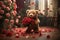 A curious teddy bear, its fluffy fur ruffled from its previous adventures, eagerly attempting to climb a bouquet of delicate roses