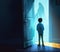 Curious Young Boy Observing Blue Levitating Ghost at Haunted House Entrance. Halloween Themed Illustration for Posters and