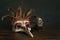 A curious young ferret or polecat puppy in a stillife scene with a Carnivale or Mardi Gras mask against a green background