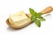 Curl of fresh butter basil food on wooden spoon. Generate Ai