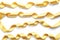 Curled golden ribbons on white background