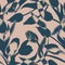 Curled spotted seamless pattern with silhouettes of blue tulips on beige.