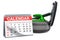 Curling broom and curling stone with calendar, curling events calendar concept. 3D rendering