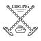 Curling poster. Two crossed brooms, stone and text. Linear icons of winter sport game. Black simple illustration. Contour isolated