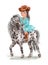 Curly cute little girl cowboy riding a dapple grey horse. Beautiful illustration for kids. Ideal for print, postcards, posters.