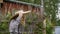 Curly girl in hat walking on rural street in summer village. Young teenager girl walking on rustic street on wooden