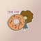 Curly girl holding her favorite donut in her hands and smiling