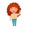 A curly-haired, light-skinned, red-haired girl waves. Vector illustration