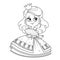 Curly haired princess in ball dress with fan outlined for coloring book