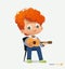 Curly Red-haired Boy Sit on Chair Play Guitar