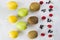 Currant, Cornus and dogberry, lemon and kiwi high angle view