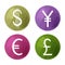 Currencies symbols, Dollar, Pound, Euro and Yen