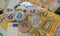 Currency Bitcoin BTC coins on bills of euro banknotes. Worldwide