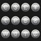 Currency coins symbols icons metallic silver with highlights set