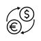 currency exchange black line icon in flat style, dollar euro transferring vector illustration on white background