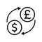 currency exchange black line icons with arrows in flat style, dollar pound transferring vector illustration on white